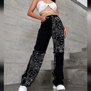 AWESOME CARTOON FACE HIGH WAIST WIDE LEG JEANS